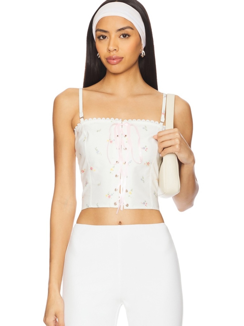 NWT Floral Tie-Front Corset Cami Top in Cream with Pink Accents